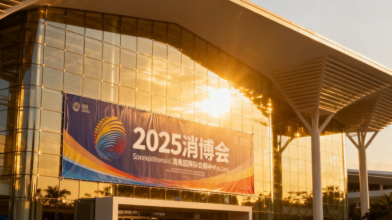 海南国际会展中心外景全景照片，展馆入口处悬挂着2025消博会的巨幅海报，清晨的阳光照亮了展馆的玻璃幕墙