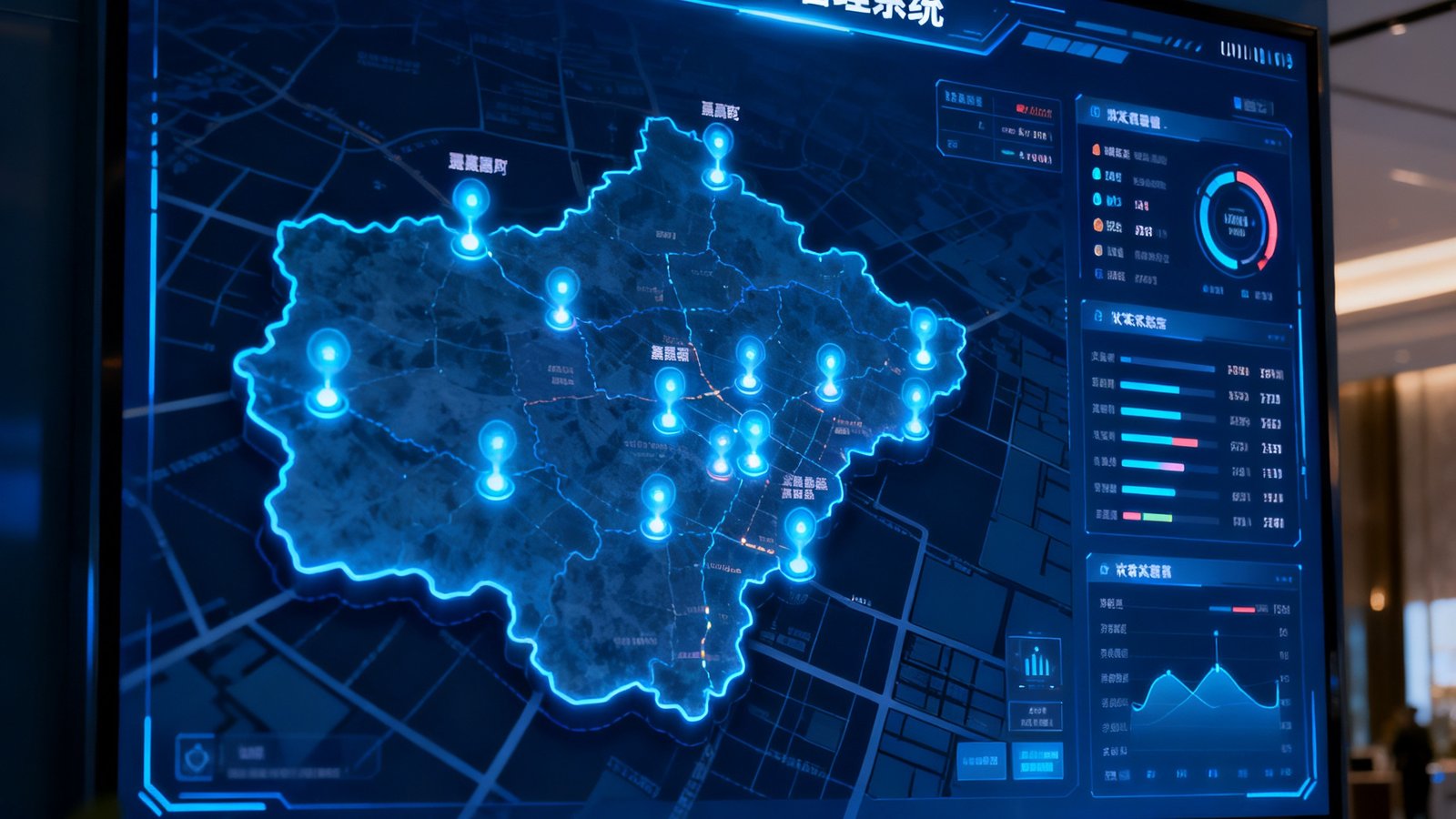 一块大型数字屏幕显示着贵宾动线管理系统的界面，地图上多个光点代表不同嘉宾的实时位置，旁边有数据统计面板和状态指示器