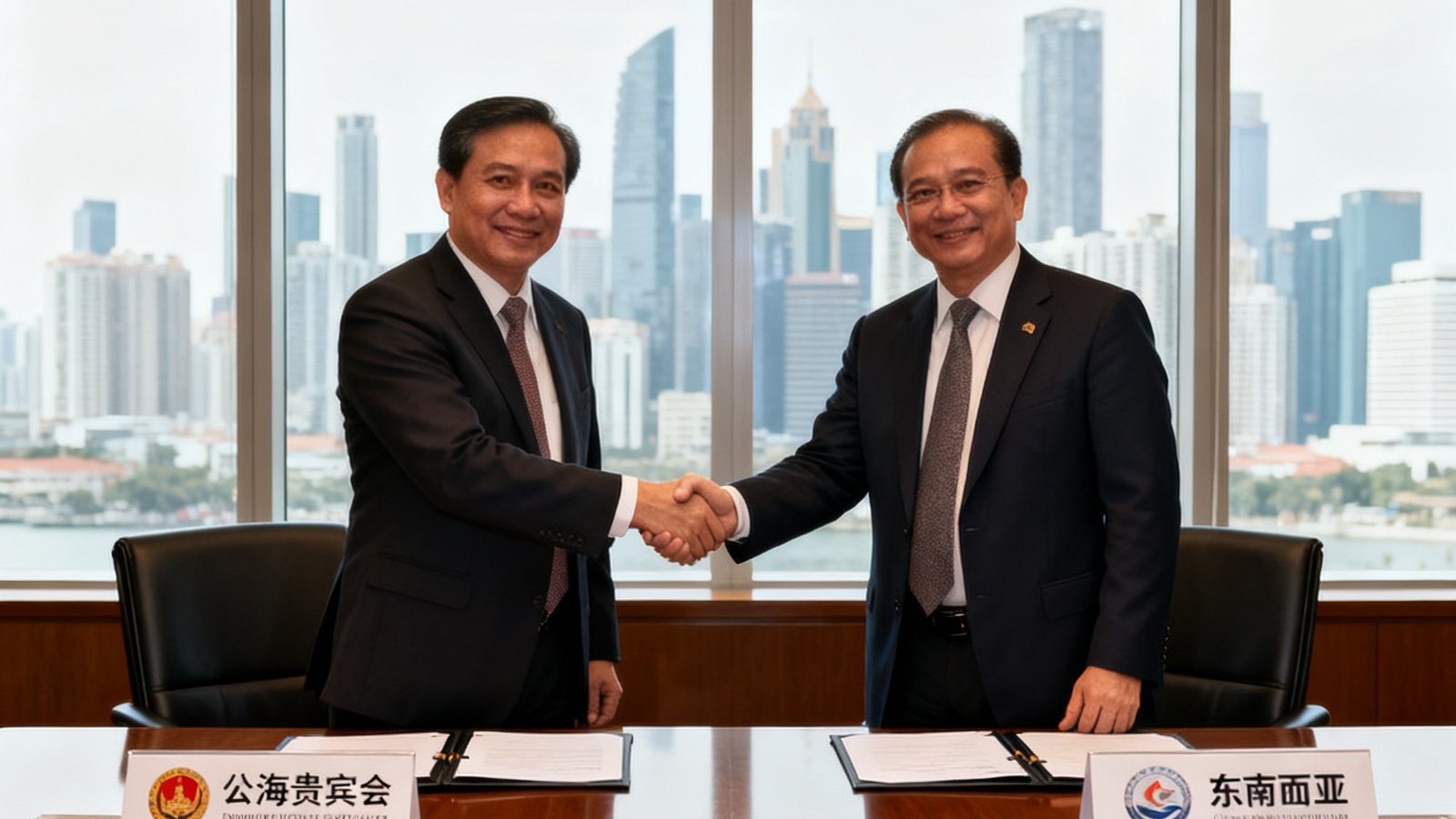 签约仪式现场照片，公海贵宾会代表与东南亚合作伙伴在长桌两侧握手，桌上摆放着签约文件和双方的企业标识牌，背景是落地窗外的城市天际线