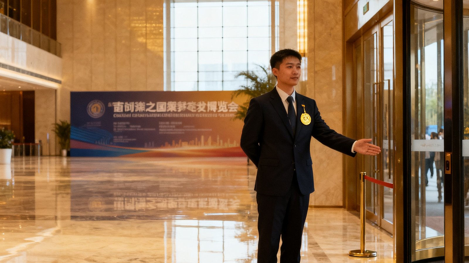 一位身着深色西装、佩戴金色徽章的礼宾专员正以标准站姿在展会贵宾入口处迎接嘉宾，背景是大型博览会的现代化展馆大厅，柔和的灯光洒在大理石地面上，远处可见展会主题标识墙