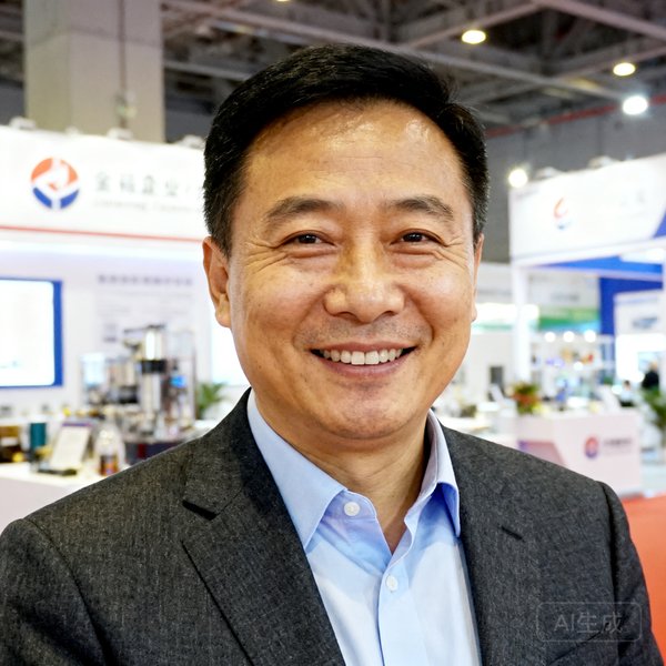 一位四十岁左右的中国男性商务人士正面半身照，身穿深灰色西装搭配浅蓝色衬衫，面带微笑，背景为展会现场的企业展台区域