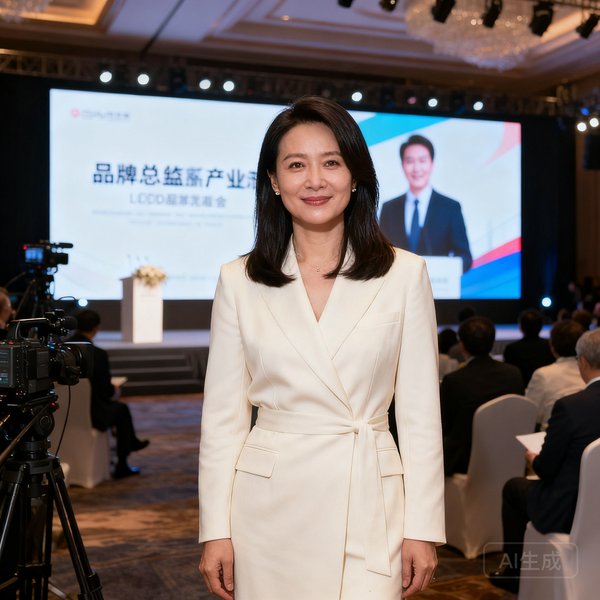 一位三十多岁的女性品牌总监，留着及肩长发，身穿米白色职业套装，站在新品发布会现场的LED屏幕前，神情自信从容