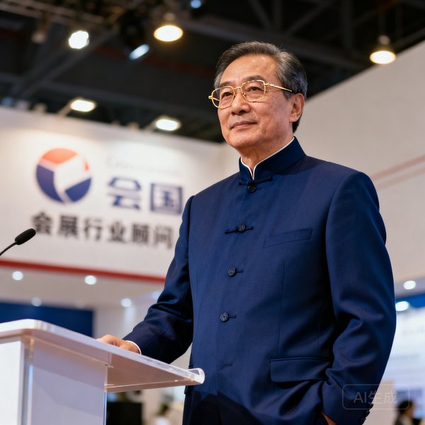 一位五十岁左右的男性会展行业顾问，戴着金丝眼镜，身着藏蓝色中山装，站在展会论坛区的演讲台旁，气质儒雅沉稳