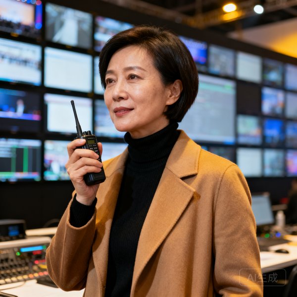 一位三十七八岁的女性活动总监，短发干练，身穿黑色高领毛衣搭配驼色外套，手持对讲机站在展会控制中心，背景是监控屏幕墙